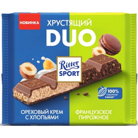 Шоколад «Ritter Sport Duo» ореховый крем с хлопьями и пирожным, 218 г