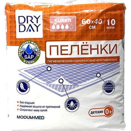 Пеленки гигиенические одноразовые «Modum» Dry Day, Super, детские, 60х40 см, 10 шт