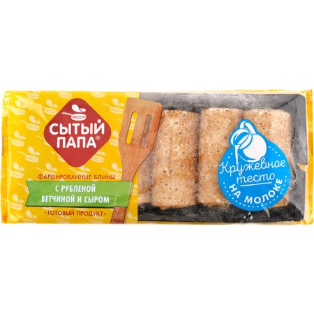 Блины быстрозамороженные «Сытый папа» с ветчиной и сыром, 350 г.
